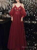 A Line Bridesmaid Dresses V Neck Spaghetti Strap Long Sleeve Elegant Floor Length Tulle With Appliques