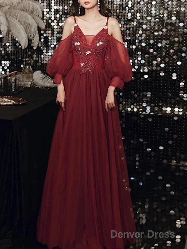 A Line Bridesmaid Dresses V Neck Spaghetti Strap Long Sleeve Elegant Floor Length Tulle With Appliques