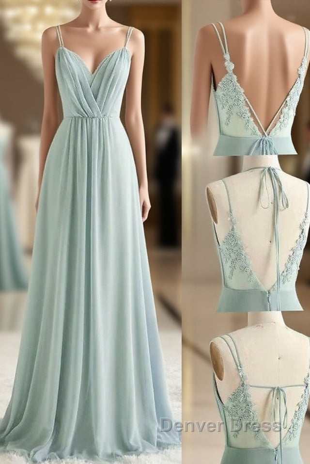 A-Line Bridesmaid Dresses V Neck / Spaghetti Strap Sleeveless Sexy Floor Length Chiffon / Lace With Appliques Main image