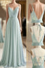 A-Line Bridesmaid Dresses V Neck / Spaghetti Strap Sleeveless Sexy Floor Length Chiffon / Lace With Appliques