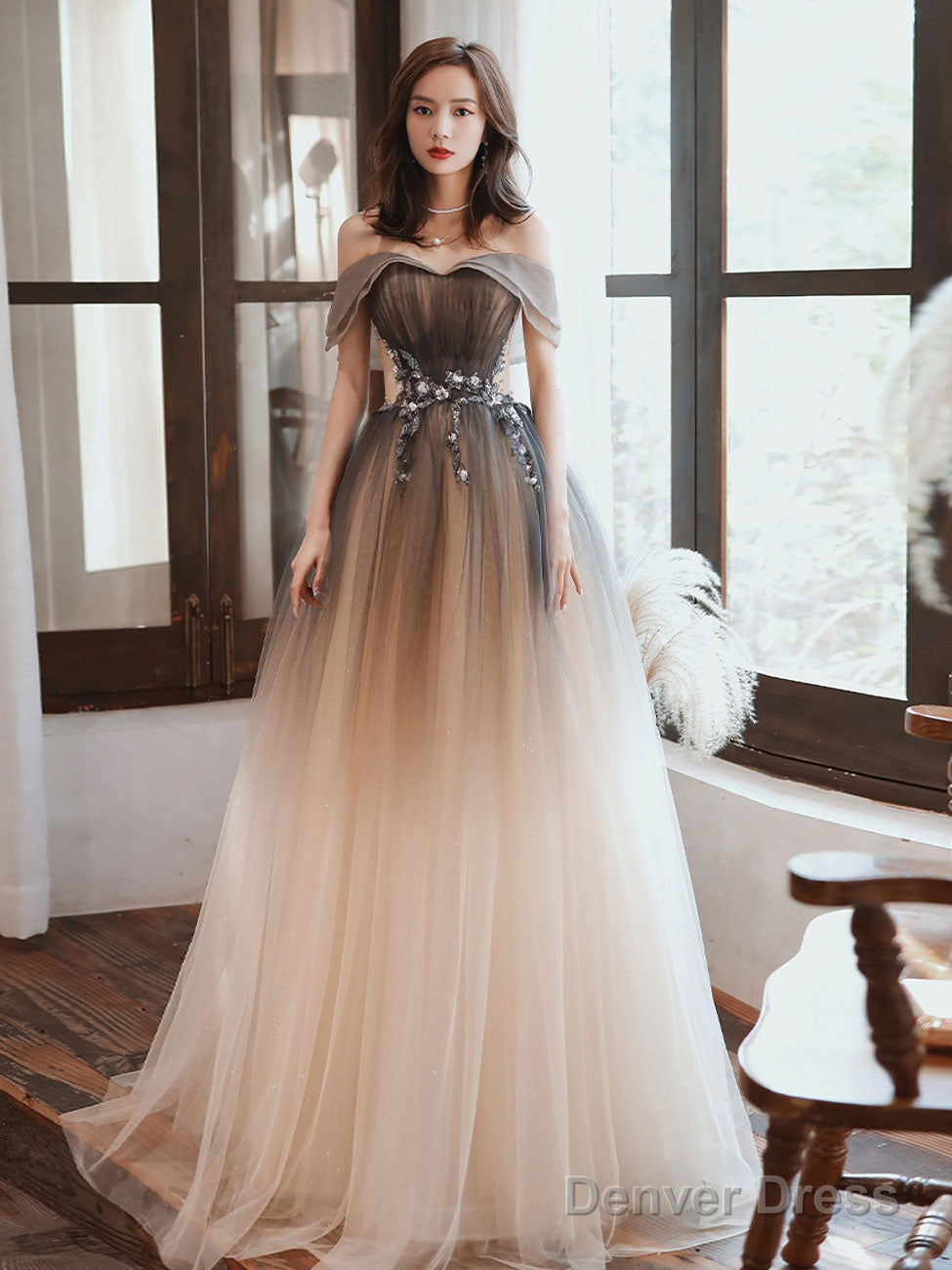 A Line Brown Long Prom Dress, Off Shoulder Brown Prom Graduation Dresses Main image