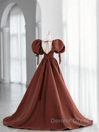 A Line Brown Satin Ball Gowns Short Sleeves Long Prom Dress V Neckline Prom Dresses