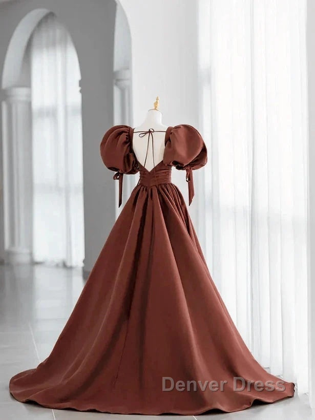 A Line Brown Satin Ball Gowns Short Sleeves Long Prom Dress V Neckline Prom Dresses