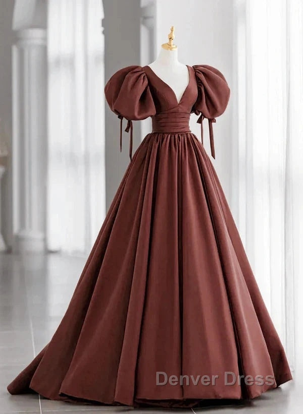 A Line Brown Satin Ball Gowns Short Sleeves Long Prom Dress V Neckline Prom Dresses