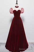 A line Burgundy Evening Party Dress Velvet Long Prom Dress