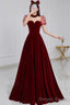 A line Burgundy Evening Party Dress Velvet Long Prom Dress