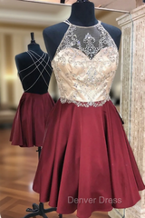 A-Line Burgundy Halter Beading Crytsal Homecoming Dresses