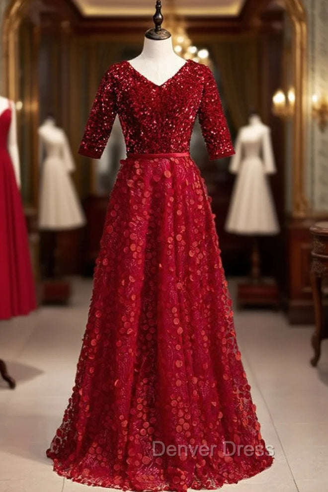 A Line Burgundy Lace Sequins V Neck Short Sleeve Prom Dresses