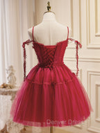 A-Line Burgundy Lace Short Prom Dresses, Burgundy Puffy Homecoming Dresses
