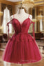 A-Line Burgundy Lace Short Prom Dresses, Burgundy Puffy Homecoming Dresses