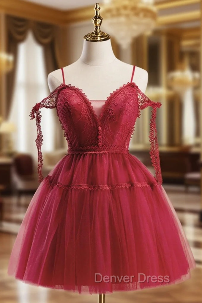 A Line Burgundy Lace Short Prom Dress, Burgundy Puffy Homecoming Dresses