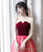 A Line Burgundy Long Prom Dress, Burgundy Prom Dresses With Velvet