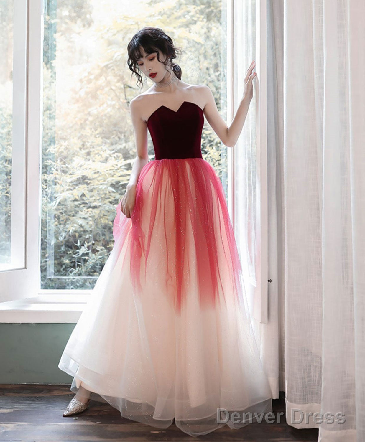 A Line Burgundy Long Prom Dress, Burgundy Prom Dresses With Velvet