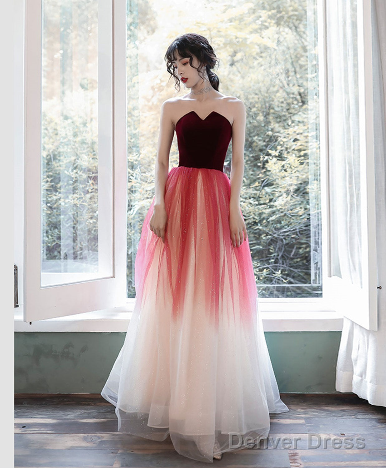 A Line Burgundy Long Prom Dress, Burgundy Prom Dresses With Velvet Main image