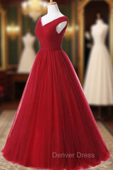 A Line Burgundy Long V-neck Tulle Prom Dresses