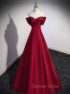 A-Line Burgundy Off Shoulder Long Prom Dresses, Burgundy Evening Dresses