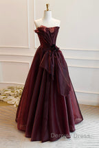 A Line Burgundy Organza Burgundy Long Prom Dress, Burgundy Long Prom Dresses