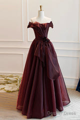A-Line Burgundy Organza Burgundy Long Prom Dress, Burgundy Long Evening Dress