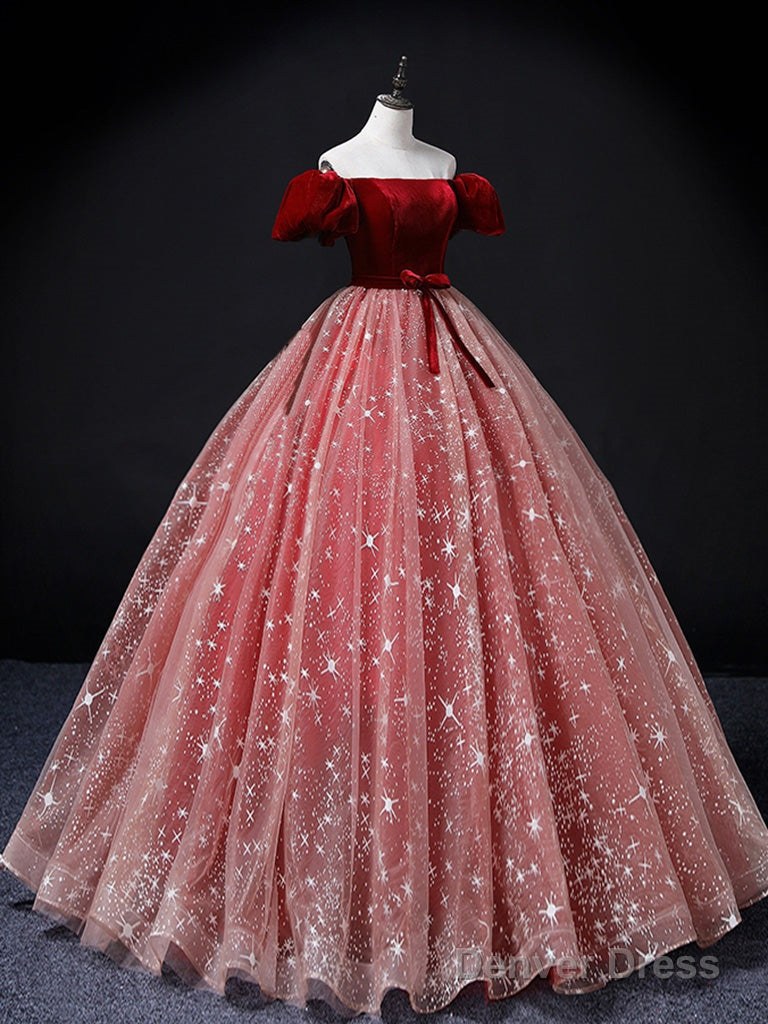A Line Burgundy Pink Tulle Long Prom Dress, Burgundy Pink Sweet 16 Dresses Secondary image