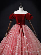 A Line Burgundy Pink Tulle Long Prom Dress, Burgundy Pink Sweet 16 Dresses