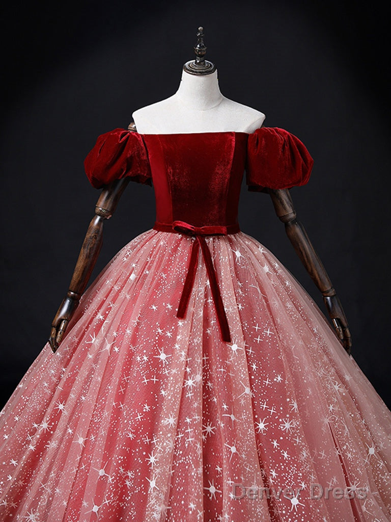 A Line Burgundy Pink Tulle Long Prom Dress, Burgundy Pink Sweet 16 Dresses