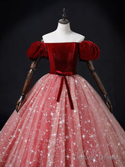 A-Line Burgundy/Pink Tulle Long Prom Dress, Burgundy/Pink Sweet 16 Dress