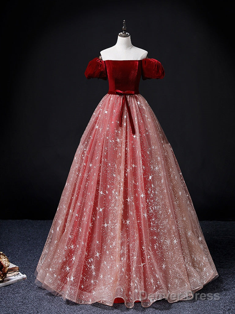 A Line Burgundy Pink Tulle Long Prom Dress, Burgundy Pink Sweet 16 Dresses