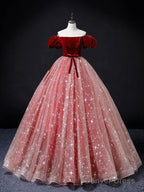 A Line Burgundy Pink Tulle Long Prom Dress, Burgundy Pink Sweet 16 Dresses