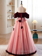 A-Line Burgundy/Pink Tulle Velvet Long Prom Dresses, Burgundy Formal Dresses