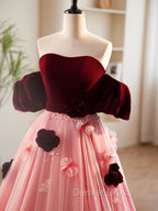 A-Line Burgundy/Pink Tulle Velvet Long Prom Dresses, Burgundy Formal Dresses