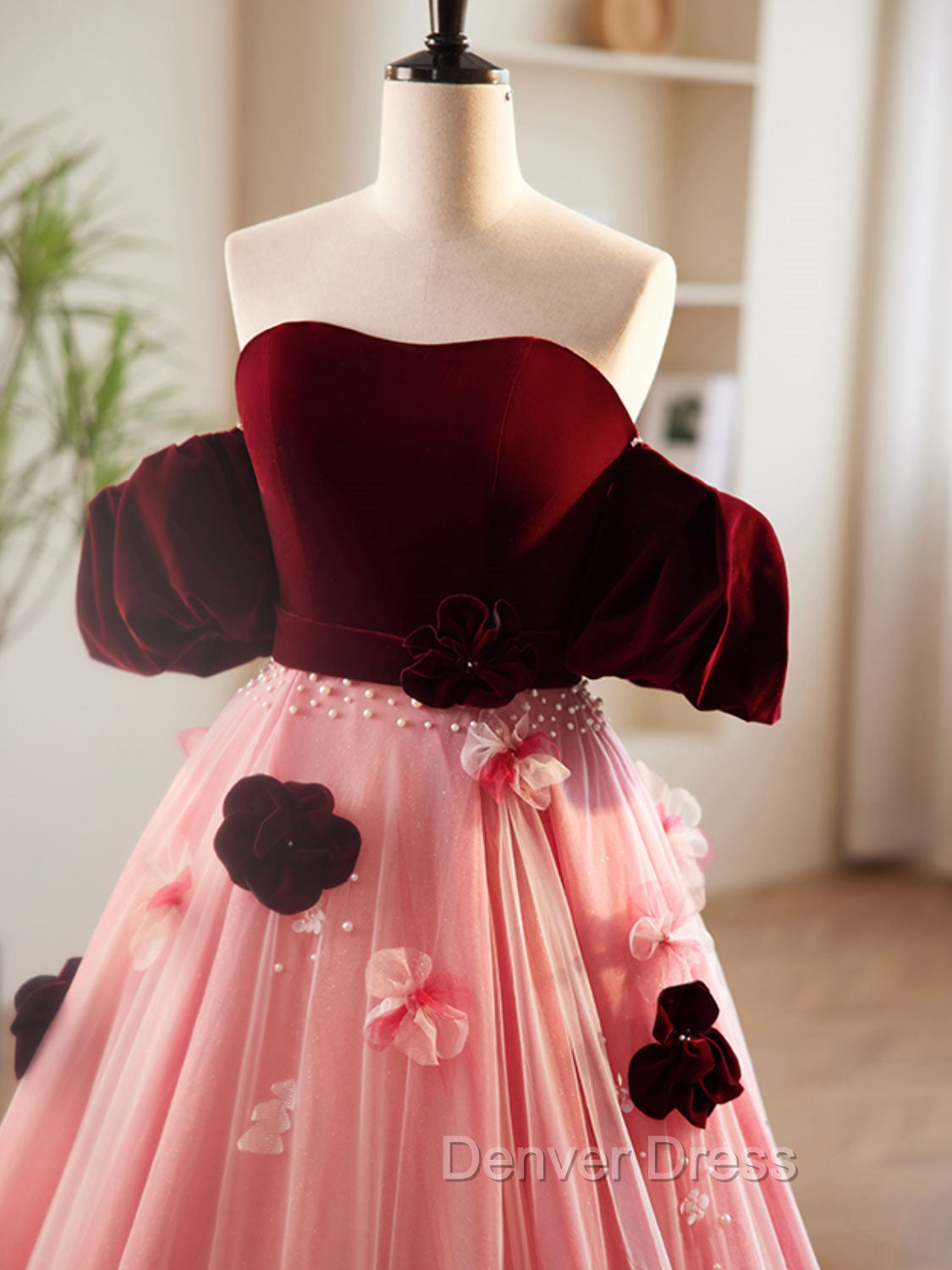 A-Line Burgundy/Pink Tulle Velvet Long Prom Dresses, Burgundy Formal Dresses