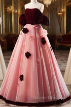 A-Line Burgundy/Pink Tulle Velvet Long Prom Dresses, Burgundy Formal Dresses