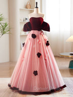 A-Line Burgundy/Pink Tulle Velvet Long Prom Dresses, Burgundy Formal Dresses