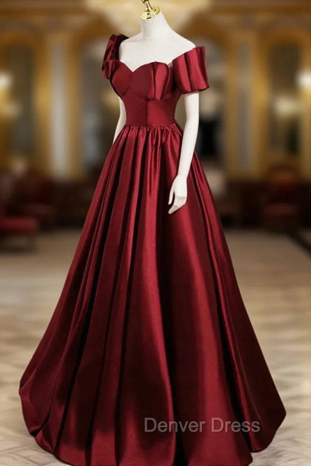 A-Line Burgundy Satin Floor Length Prom Dresses, Off the Shoulder New Party Dresses