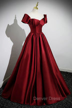 A-Line Burgundy Satin Floor Length Prom Dresses, Off the Shoulder New Party Dresses