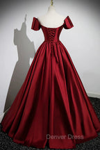 A-Line Burgundy Satin Floor Length Prom Dresses, Off the Shoulder New Party Dresses