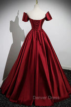 A Line Burgundy Satin Floor Length Prom Dress, Off the Shoulder New Prom Dresses