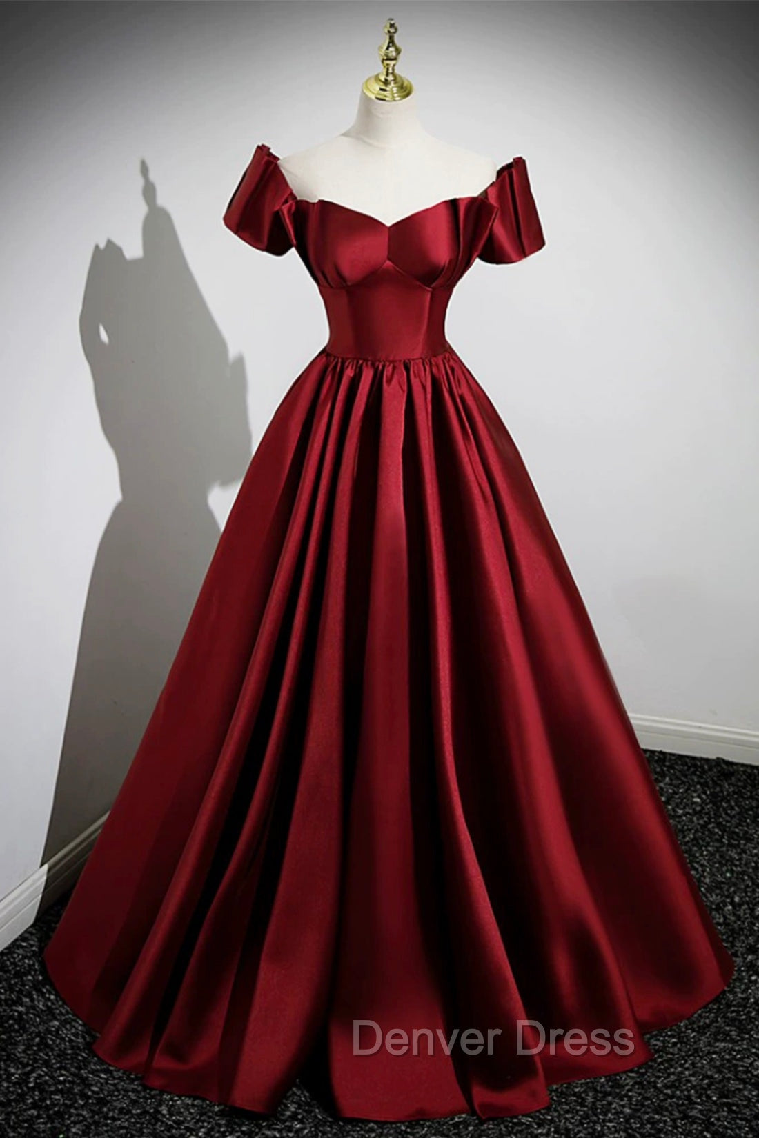 A-Line Burgundy Satin Floor Length Prom Dresses, Off the Shoulder New Party Dresses Main image