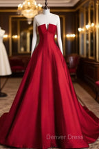 A-Line Burgundy Satin Long Prom Dresses, Burgundy Long Formal Dresses