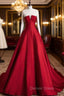 A-Line Burgundy Satin Long Prom Dresses, Burgundy Long Formal Dresses