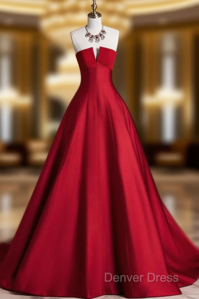 A Line Burgundy Satin Long Prom Dress, Burgundy Long Prom Dresses Main image