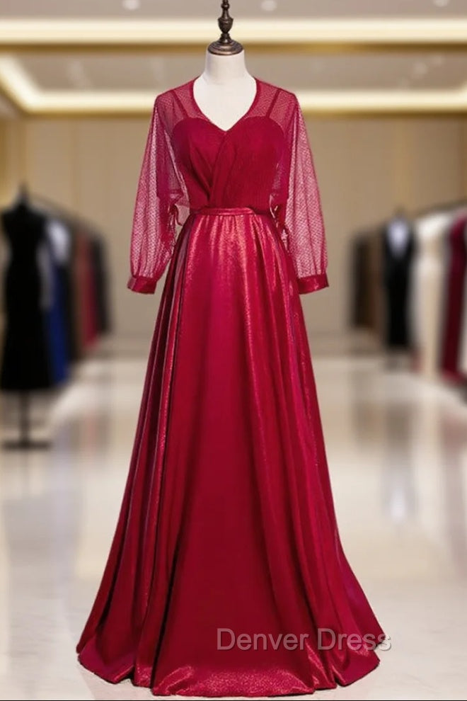 A-Line Burgundy Satin Long Sleeve V-neck Prom Dresses Main image