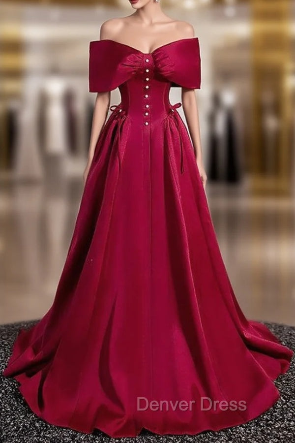A-Line Burgundy Satin Off the Shoulder Pearls Prom Dresses Main image