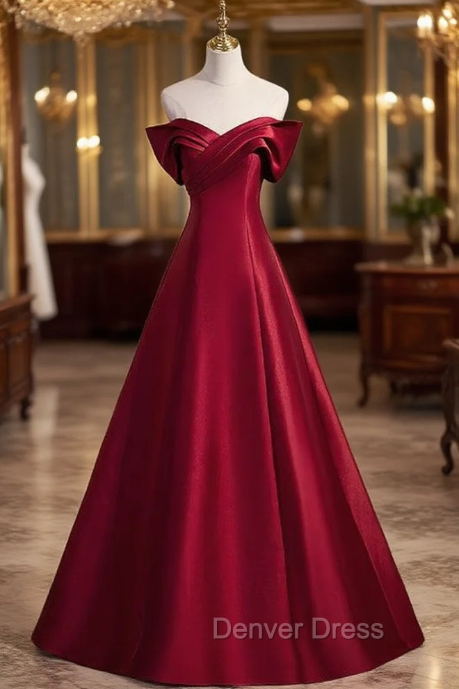 A-Line Burgundy Satin Off the Shoulder Pleats Prom Dresses Main image