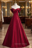 A-Line Burgundy Satin Off the Shoulder Pleats Prom Dresses