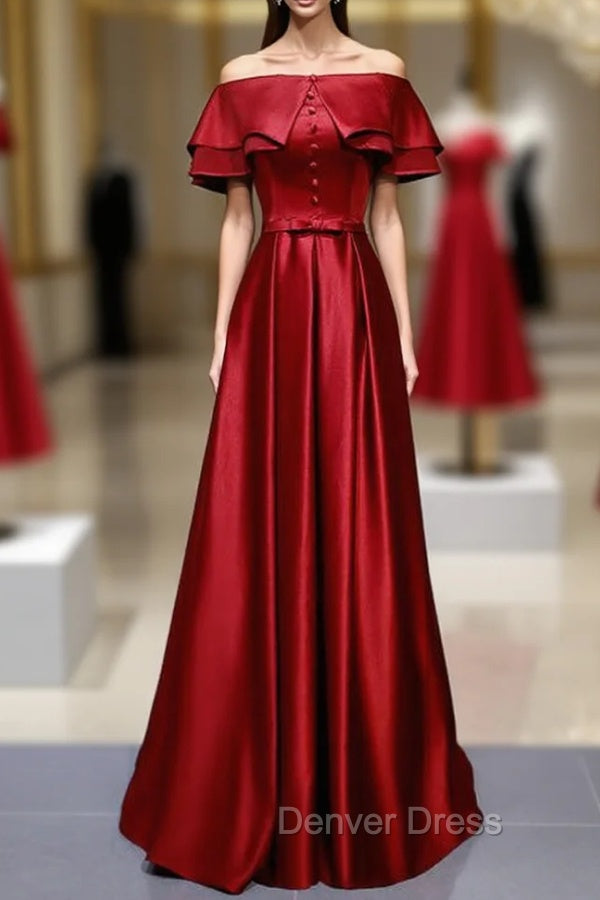 A-Line Burgundy Satin Off the Shoulder Prom Dresses With Button