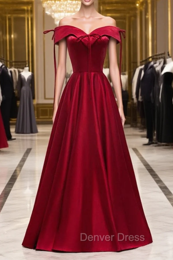 A-Line Burgundy Satin Off the Shoulder Prom Dresses Main image