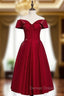 A-Line Burgundy Satin Off the Shoulder Short Tea Length Prom Dresses
