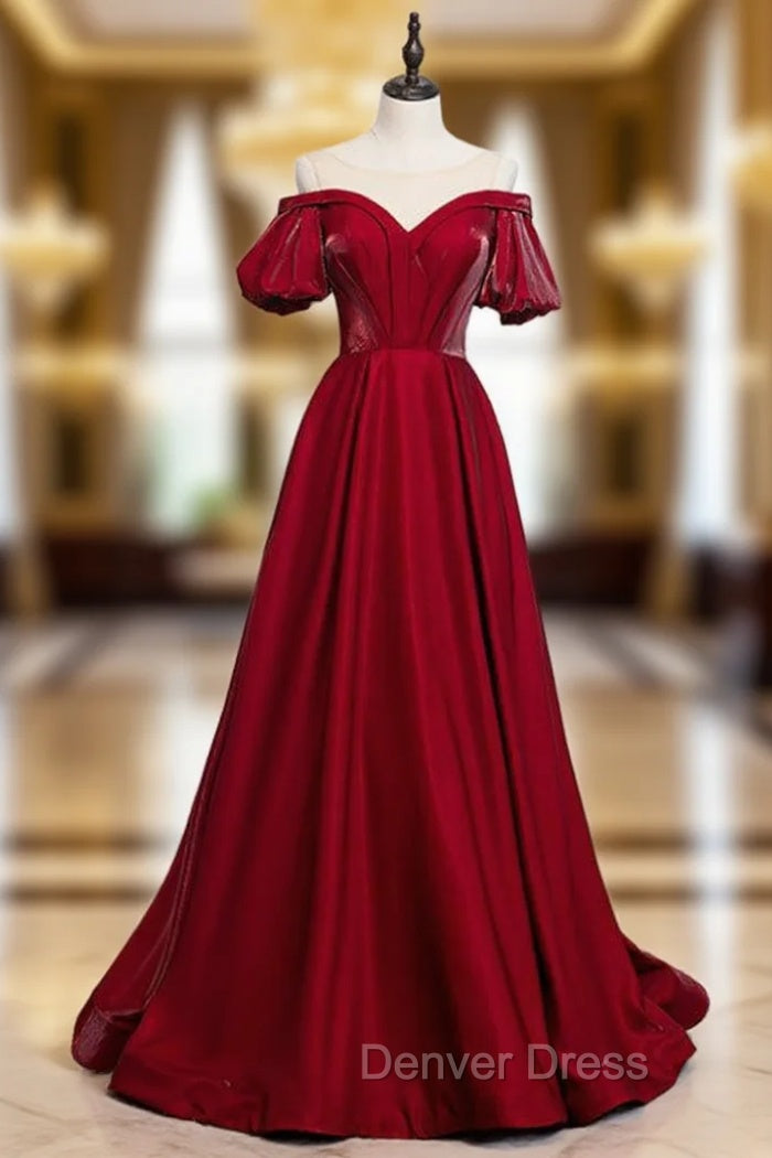 A Line Burgundy Satin Puff Sleeve Cold Shoulder Prom Dresses Main image