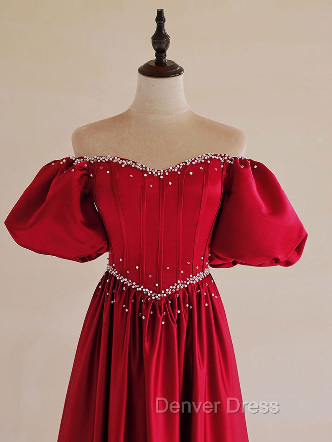 A-Line Burgundy Satin Puff Sleeves Long Prom Dresses, Burgundy Formal Evening Dresses Secondary image